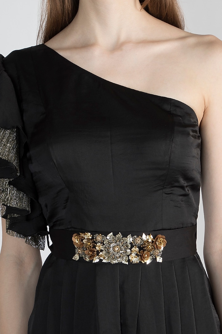 Black Embroidered Jumpsuit With Detailed Belt by Gunu Sahni at Pernia's Pop Up Shop