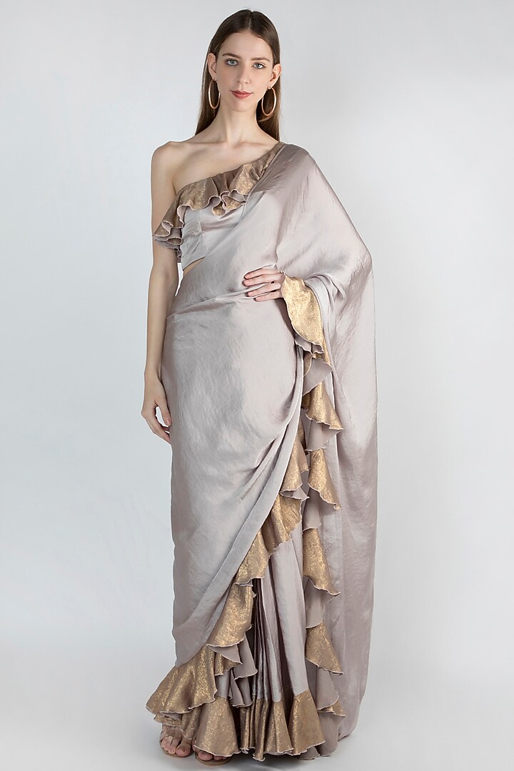 Grey Frilled Party Wear Saree Set by Gunu Sahni at Pernia's Pop Up Shop