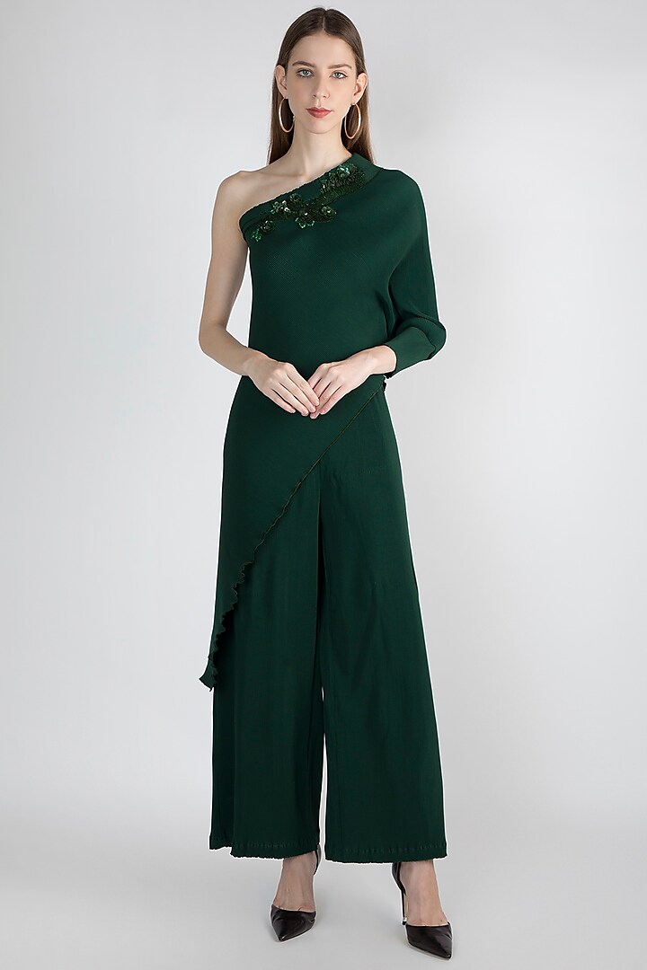 Emerald Green Embroidered Top & Pant by Gunu Sahni