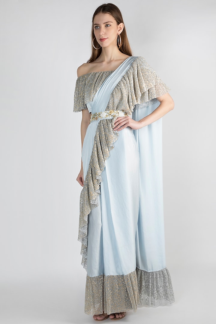 Sky Blue Embroidered Party Wear Saree Set With Belt by Gunu Sahni at Pernia's Pop Up Shop