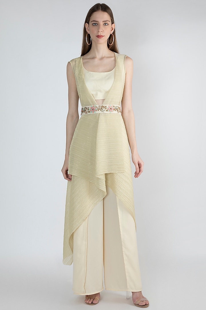 Gold Embroidered Crop Top With Palazzo Pants & Belt by Gunu Sahni