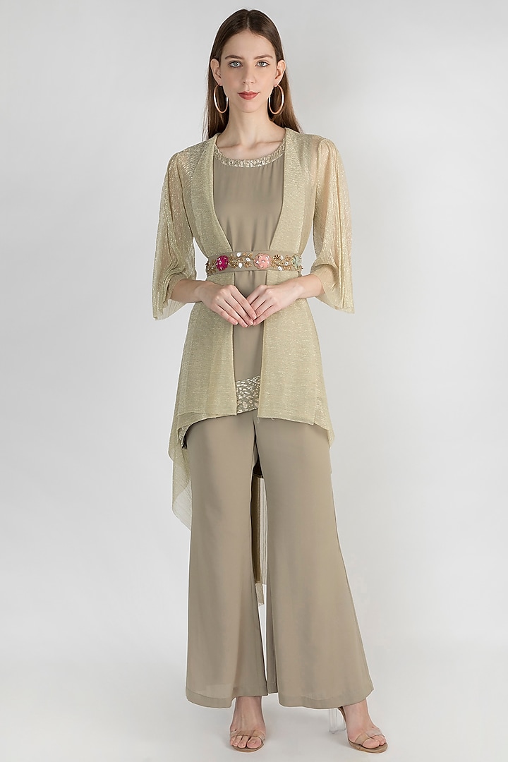 Olive Green Embroidered Cape With Tunic, Pants & Belt by Gunu Sahni