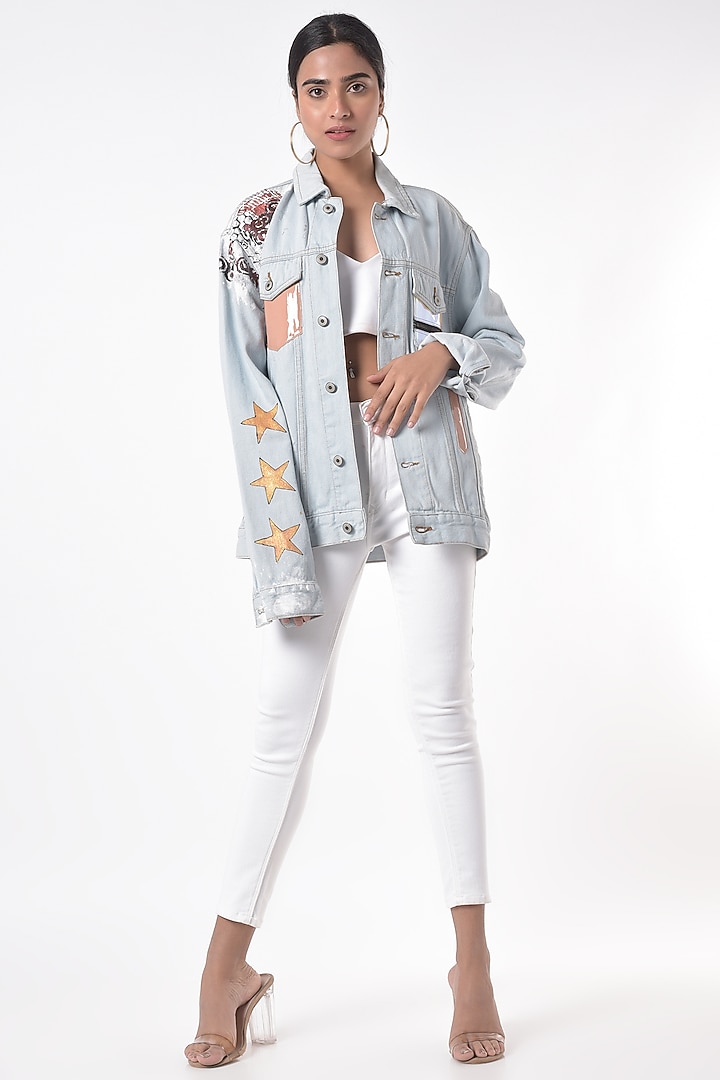 Light Blue Jacket With Patch-Work by Gunu Sahni at Pernia's Pop Up Shop