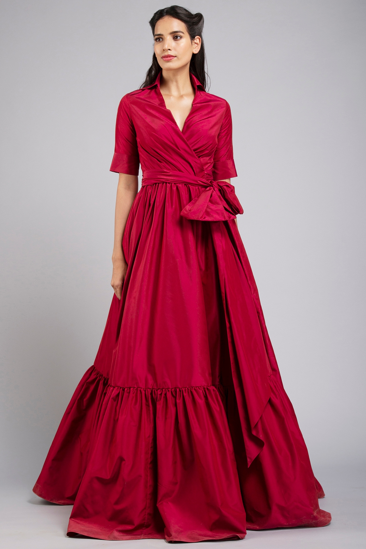 Maroon Taffeta Wrap Gown by Gauri And Nainika at Pernia s Pop Up Shop 2024