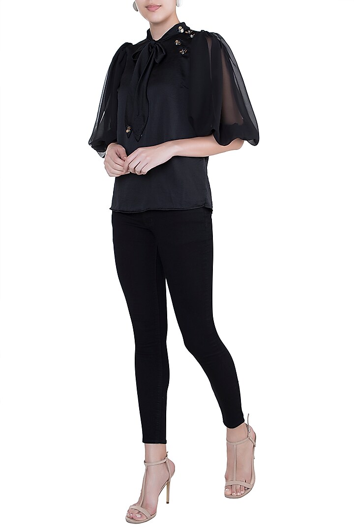 Black Embellished Knotted Top by Gunu Sahni at Pernia's Pop Up Shop