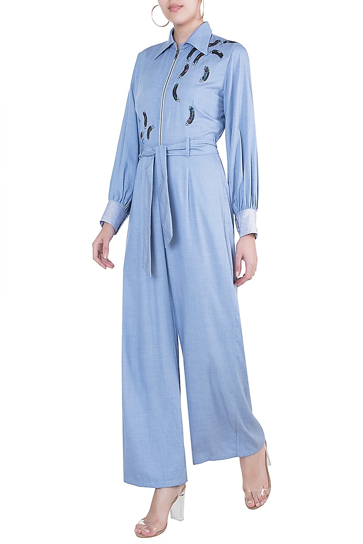 Powder blue Embroidered Jumpsuit with Belt by Gunu Sahni at Pernia's Pop Up Shop