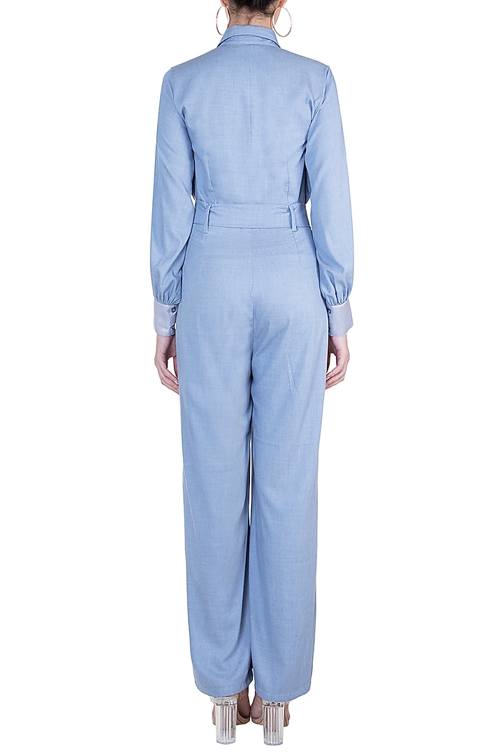 Powder blue Embroidered Jumpsuit with Belt by Gunu Sahni at Pernia's Pop Up Shop