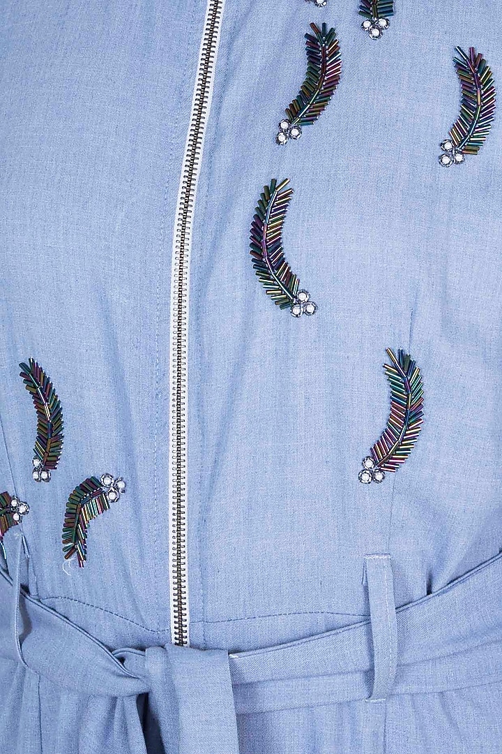Powder blue Embroidered Jumpsuit with Belt by Gunu Sahni at Pernia's Pop Up Shop