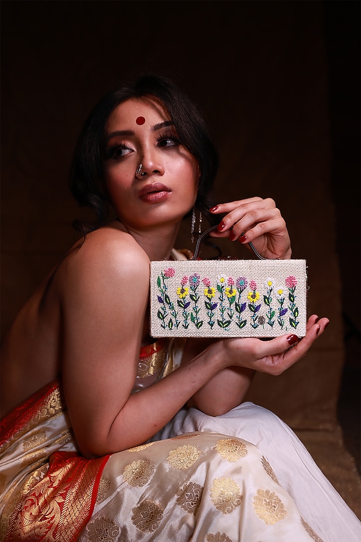 White Natural Jute & Brass Bead Embroidered Handcrafted Clutch by Gonecase Accessories at Pernia's Pop Up Shop