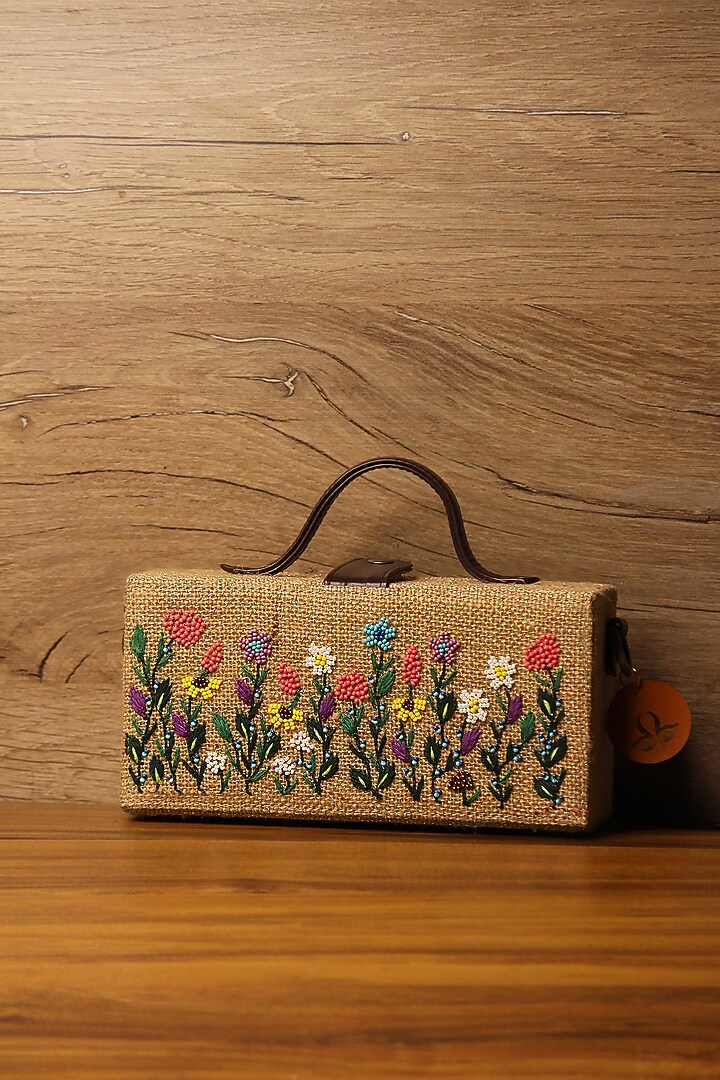 Brown Natural Jute & Brass Bead Embroidered Handcrafted Clutch by Gonecase Accessories at Pernia's Pop Up Shop