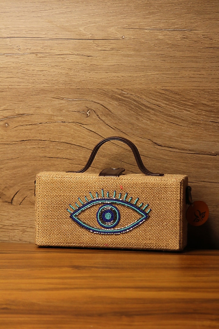 Brown Natural Jute & Brass Bead Embroidered Handcrafted Clutch by Gonecase Accessories at Pernia's Pop Up Shop