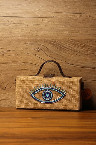 Brown Natural Jute & Brass Bead Embroidered Handcrafted Clutch by Gonecase Accessories
