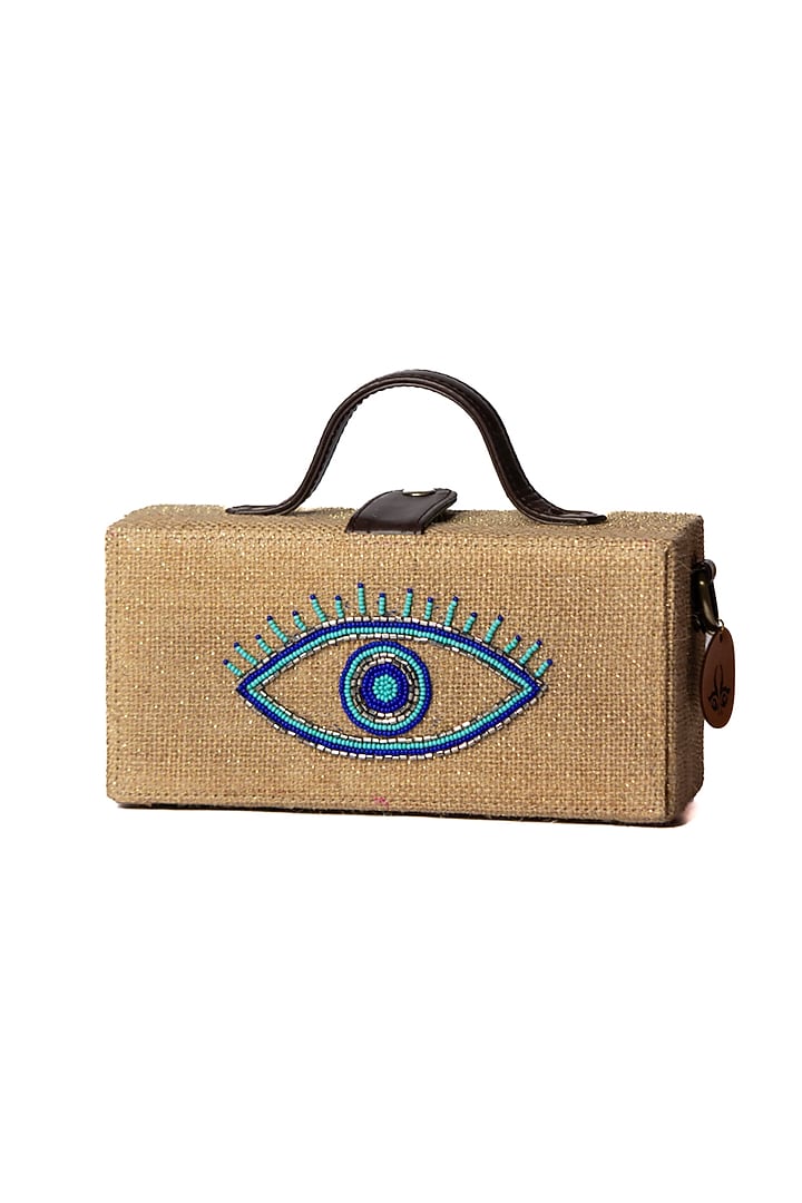 Brown Natural Jute & Brass Bead Embroidered Handcrafted Clutch by Gonecase Accessories at Pernia's Pop Up Shop