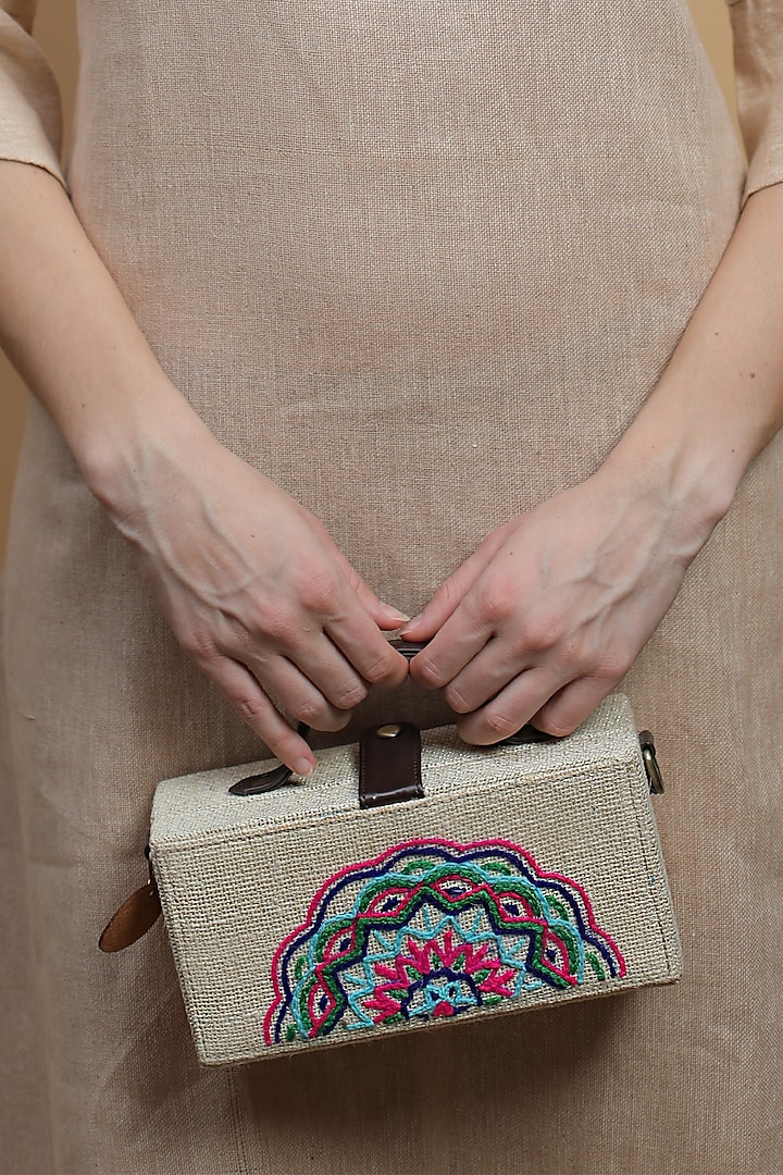 White Natural Jute & Brass Bead Embroidered Handcrafted Clutch by Gonecase Accessories at Pernia's Pop Up Shop