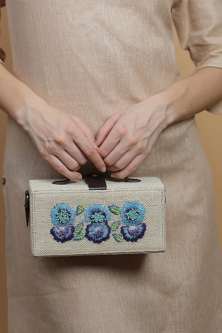 White Natural Jute & Brass Bead Embroidered Handcrafted Clutch by Gonecase Accessories at Pernia's Pop Up Shop