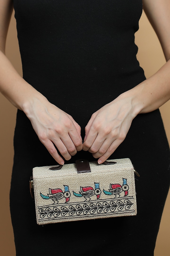 White Natural Jute & Brass Bead Embroidered Handcrafted Clutch by Gonecase Accessories at Pernia's Pop Up Shop