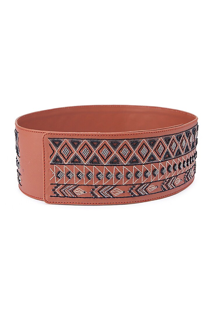 Tan Vegan Leather Japanese Beads & Thread Embroidered Handcrafted Belt by Gonecase Accessories at Pernia's Pop Up Shop