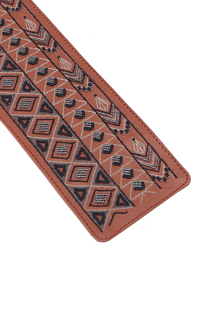 Tan Vegan Leather Japanese Beads & Thread Embroidered Handcrafted Belt by Gonecase Accessories at Pernia's Pop Up Shop