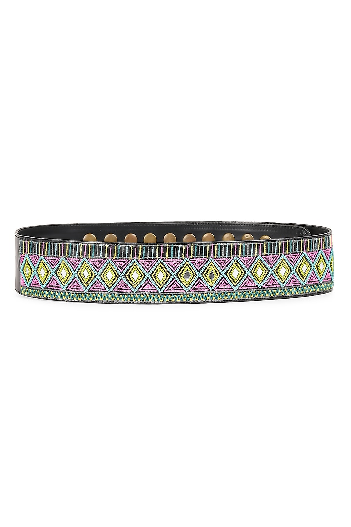 Multi-Colored Vegan Leather Japanese Beads & Thread Embroidered Handcrafted Belt by Gonecase Accessories at Pernia's Pop Up Shop