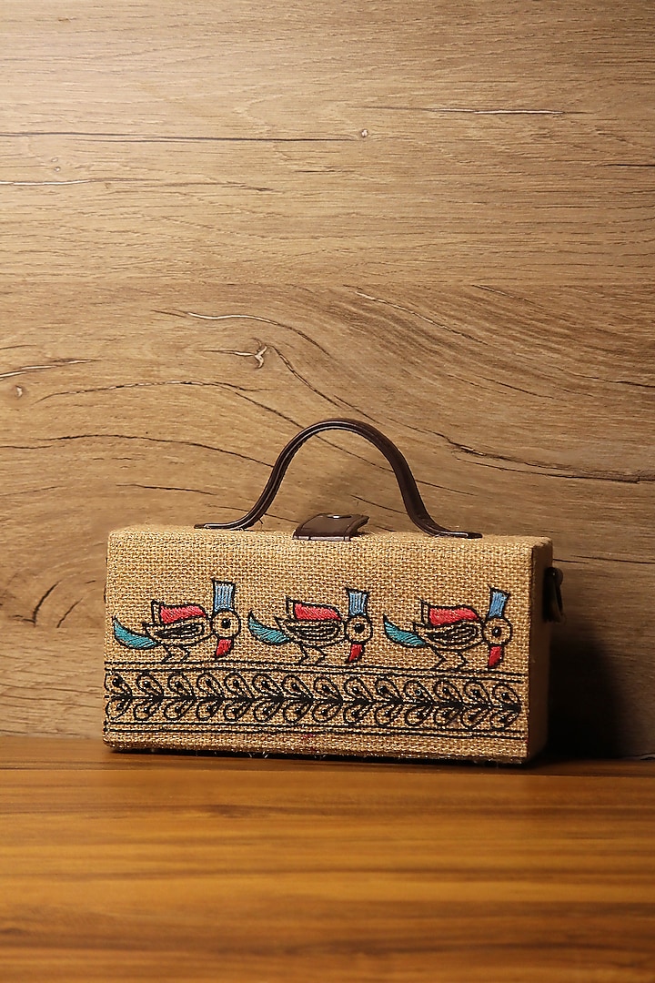 White Natural Jute & Brass Bead Embroidered Handcrafted Clutch by Gonecase Accessories at Pernia's Pop Up Shop