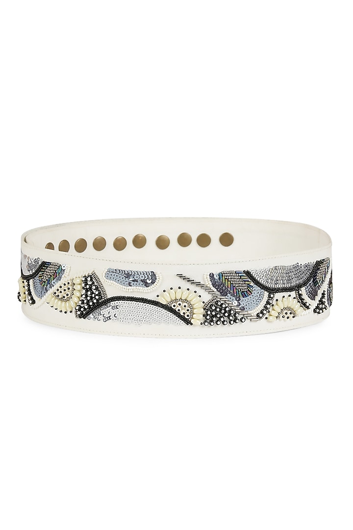 White Vegan Leather Japanese Beads & Thread Embroidered Handcrafted Belt by Gonecase Accessories