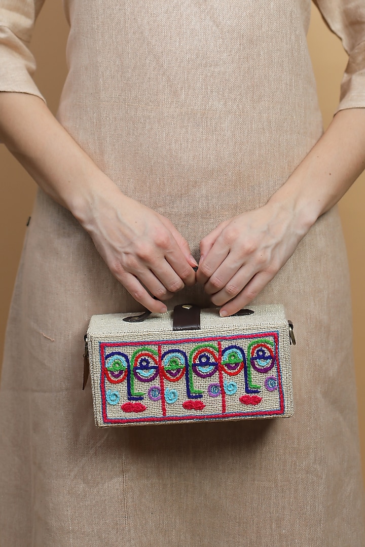 White Natural Jute & Brass Bead Embroidered Handcrafted Clutch by Gonecase Accessories at Pernia's Pop Up Shop