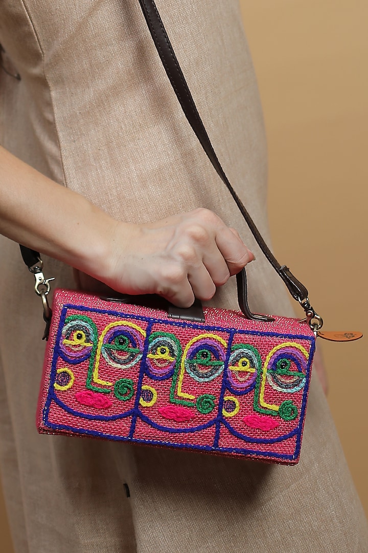 Pink Natural Jute & Brass Bead Embroidered Handcrafted Clutch by Gonecase Accessories at Pernia's Pop Up Shop