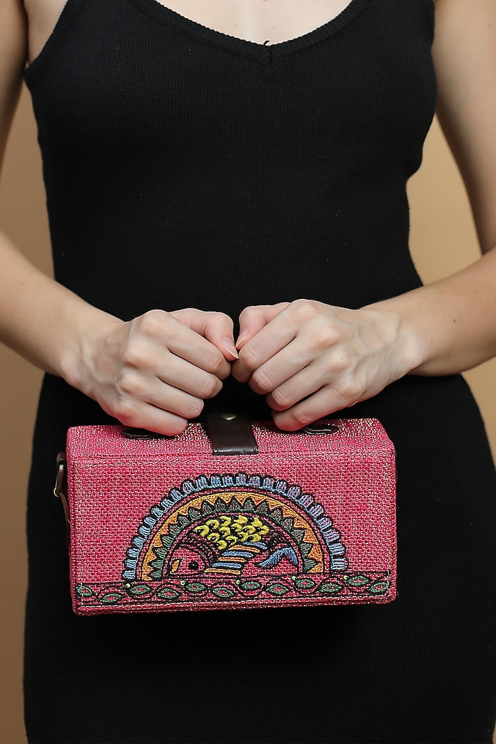 Pink Natural Jute & Brass Bead Embroidered Handcrafted Clutch by Gonecase Accessories at Pernia's Pop Up Shop