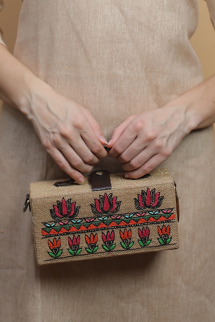 Brown Natural Jute & Brass Bead Embroidered Handcrafted Clutch by Gonecase Accessories at Pernia's Pop Up Shop