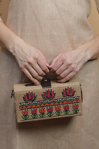 Brown Natural Jute & Brass Bead Embroidered Handcrafted Clutch by Gonecase Accessories