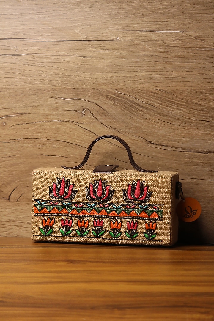 Brown Natural Jute & Brass Bead Embroidered Handcrafted Clutch by Gonecase Accessories at Pernia's Pop Up Shop