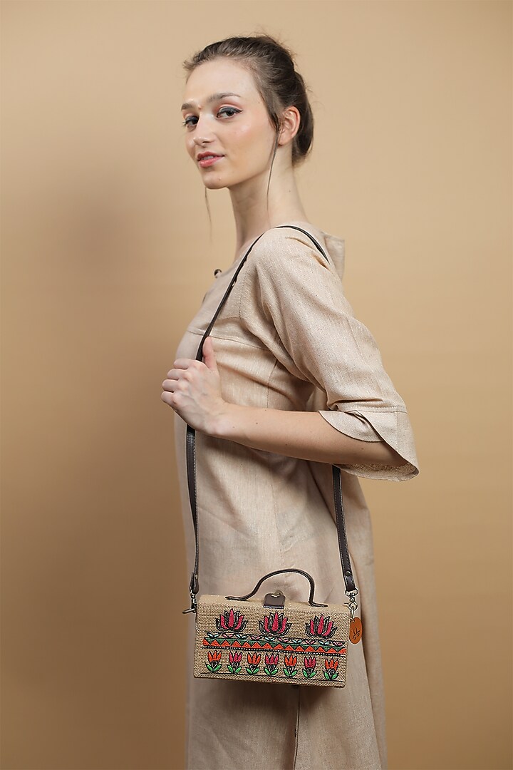 Brown Natural Jute & Brass Bead Embroidered Handcrafted Clutch by Gonecase Accessories at Pernia's Pop Up Shop