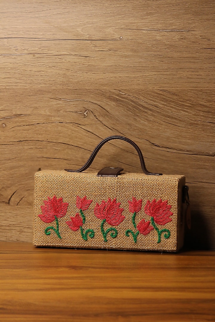 Brown Natural Jute & Brass Bead Embroidered Handcrafted Clutch by Gonecase Accessories at Pernia's Pop Up Shop