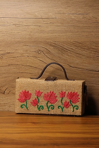 Brown Natural Jute & Brass Bead Embroidered Handcrafted Clutch by Gonecase Accessories