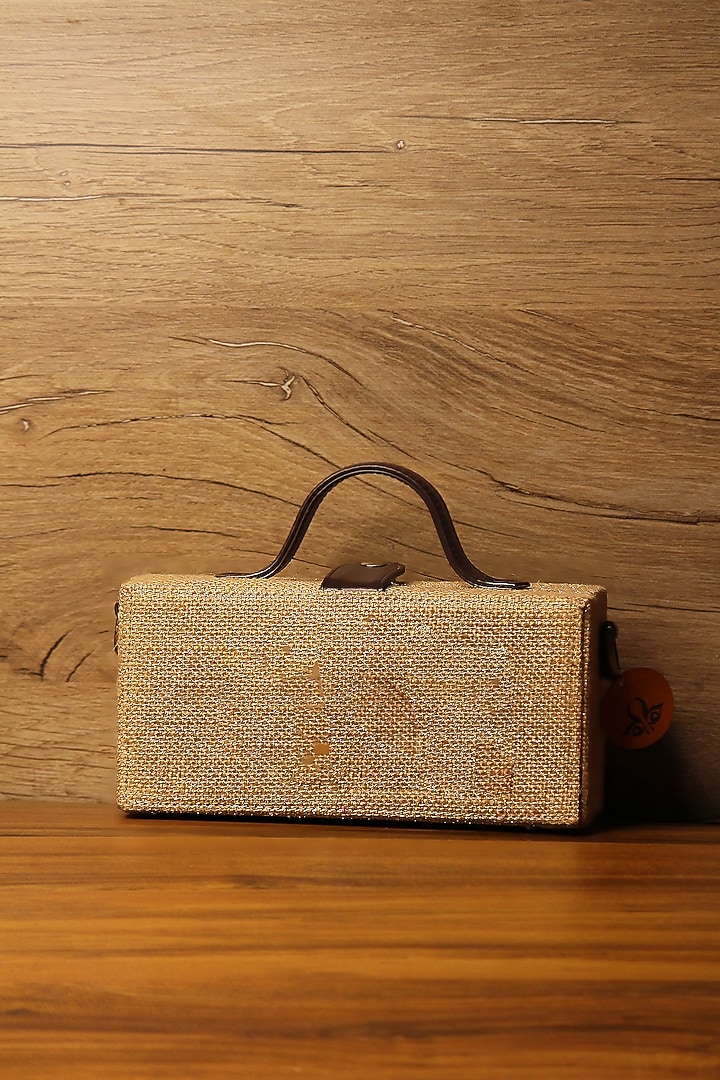 Brown Natural Jute & Brass Bead Embroidered Handcrafted Clutch by Gonecase Accessories at Pernia's Pop Up Shop