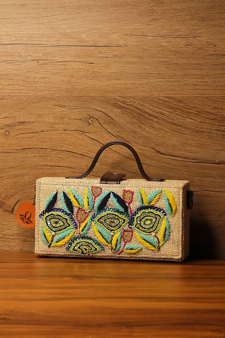 White Natural Jute & Brass Bead Embroidered Handcrafted Clutch by Gonecase Accessories at Pernia's Pop Up Shop