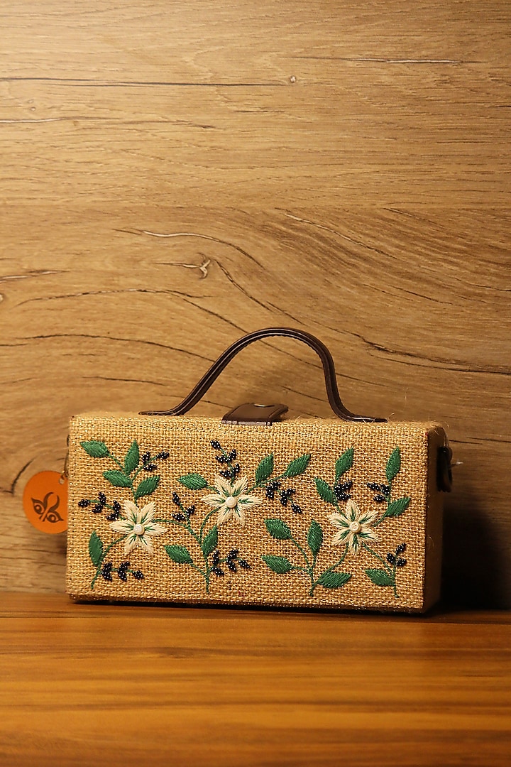 Brown Natural Jute & Brass Bead Embroidered Handcrafted Clutch by Gonecase Accessories at Pernia's Pop Up Shop