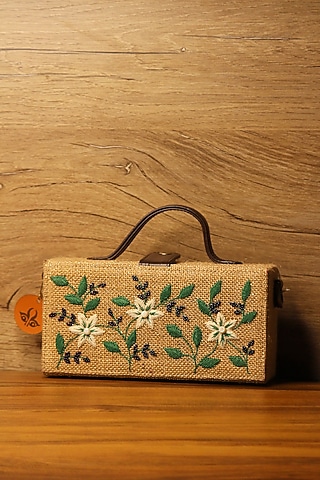 Brown Natural Jute & Brass Bead Embroidered Handcrafted Clutch by Gonecase Accessories