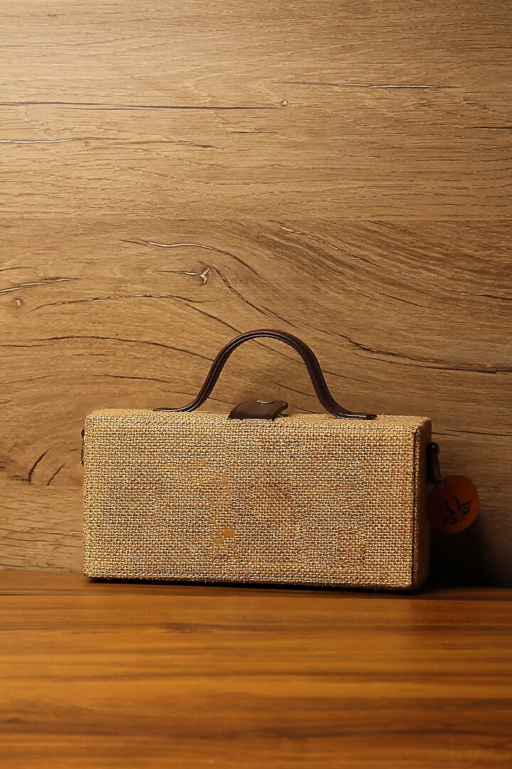 Brown Natural Jute & Brass Bead Embroidered Handcrafted Clutch by Gonecase Accessories at Pernia's Pop Up Shop