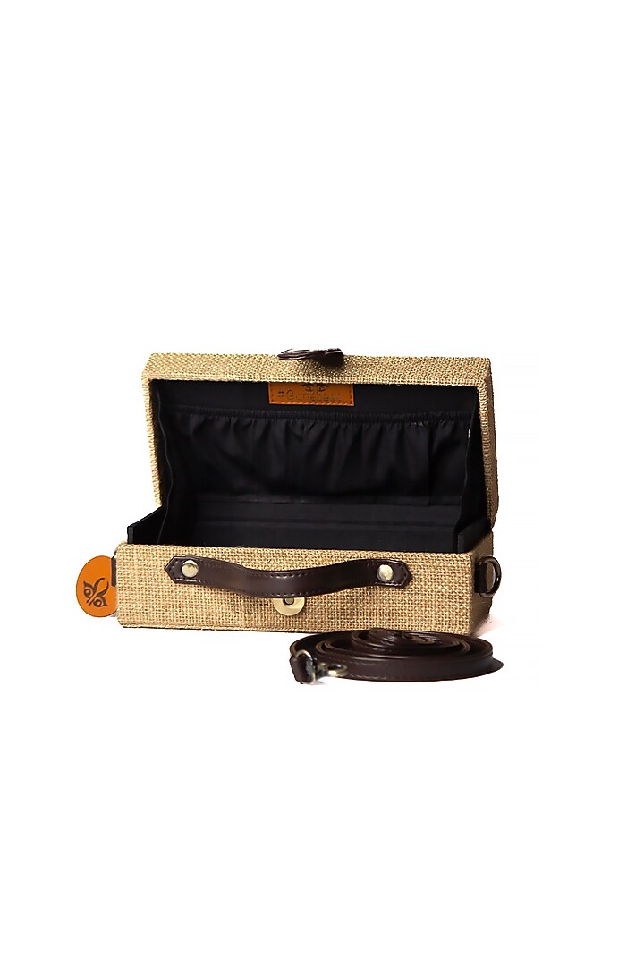 Brown Natural Jute & Brass Bead Embroidered Handcrafted Clutch by Gonecase Accessories at Pernia's Pop Up Shop