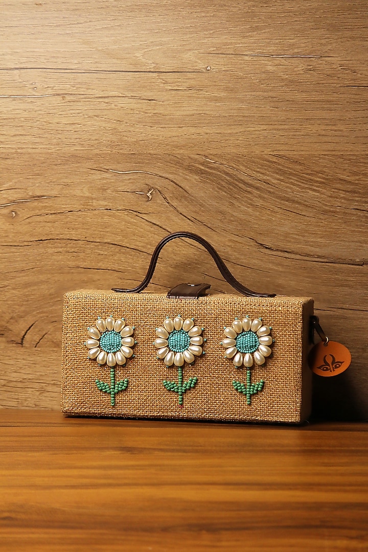 Brown Natural Jute & Brass Bead Embroidered Handcrafted Clutch by Gonecase Accessories at Pernia's Pop Up Shop