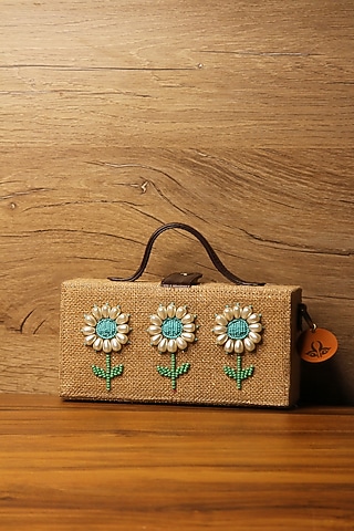 Brown Natural Jute & Brass Bead Embroidered Handcrafted Clutch by Gonecase Accessories