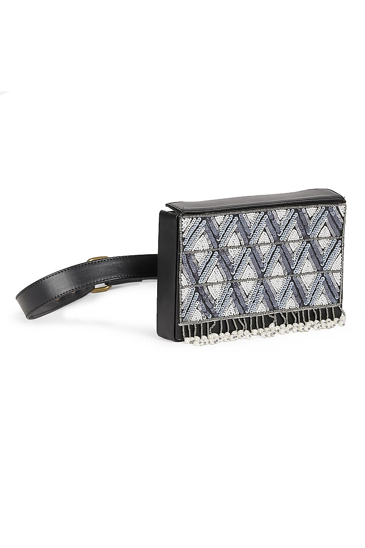 Black Vegan Leather Bead & Cotton Thread Embroidered Waist Bag by Gonecase Accessories at Pernia's Pop Up Shop