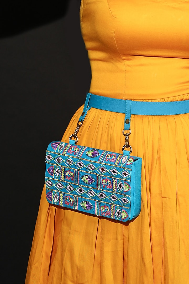 Sky Blue Vegan Leather Bead & Cotton Thread Embroidered Waist Bag by Gonecase Accessories at Pernia's Pop Up Shop