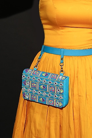 Sky Blue Vegan Leather Bead & Cotton Thread Embroidered Waist Bag by Gonecase Accessories