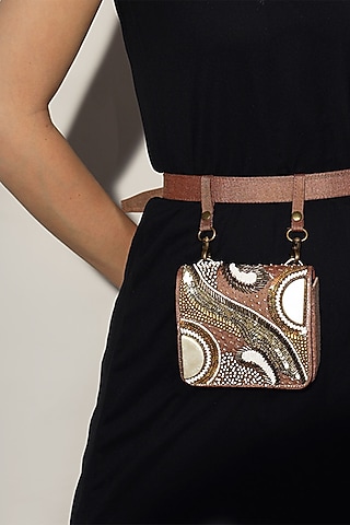 Chocolate Brown Vegan Leather Bead & Cotton Thread Embroidered Waist Bag by Gonecase Accessories