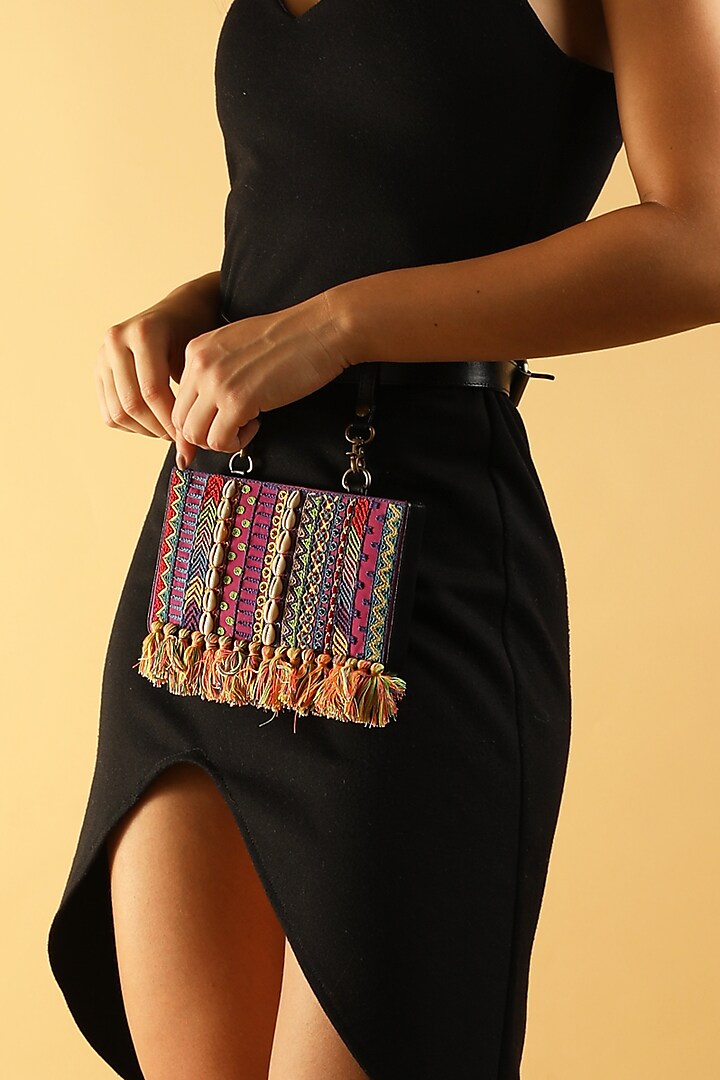 Multi-Colored Vegan Leather Bead & Cotton Thread Embroidered Waist Bag by Gonecase Accessories at Pernia's Pop Up Shop