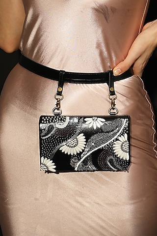 Black Vegan Leather Bead & Cotton Thread Embroidered Waist Bag by Gonecase Accessories