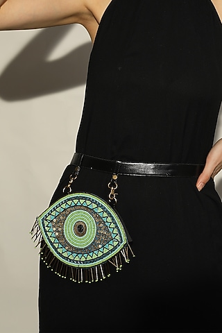 Green Vegan Leather Bead & Cotton Thread Embroidered Waist Bag by Gonecase Accessories