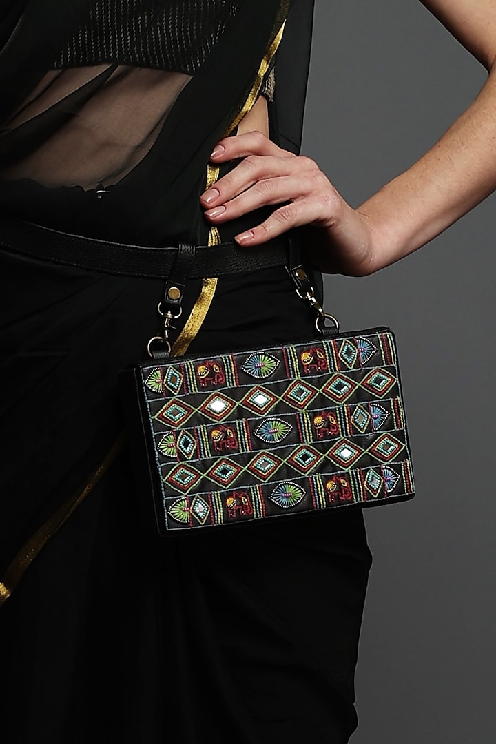 Multi-Colored Vegan Leather Bead & Cotton Thread Embroidered Waist Bag by Gonecase Accessories at Pernia's Pop Up Shop